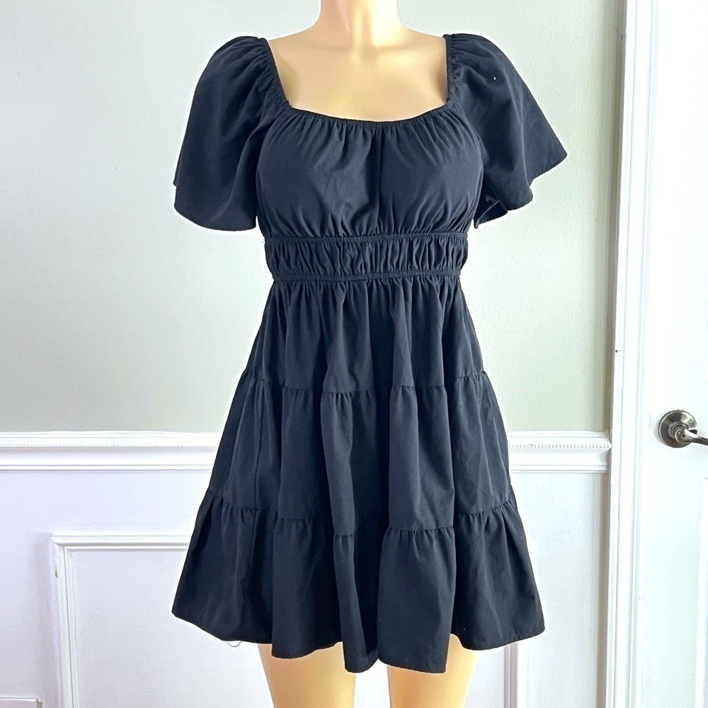 Coco Love Mini Dress Sz S Women Puff Sleeve Smocked Tiered‎ Black Cottagecore